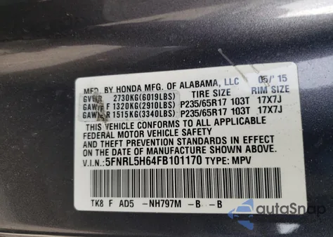 2015 Honda Odyssey Exl from USA, damaged, VIN 5FNRL5H64FB101170